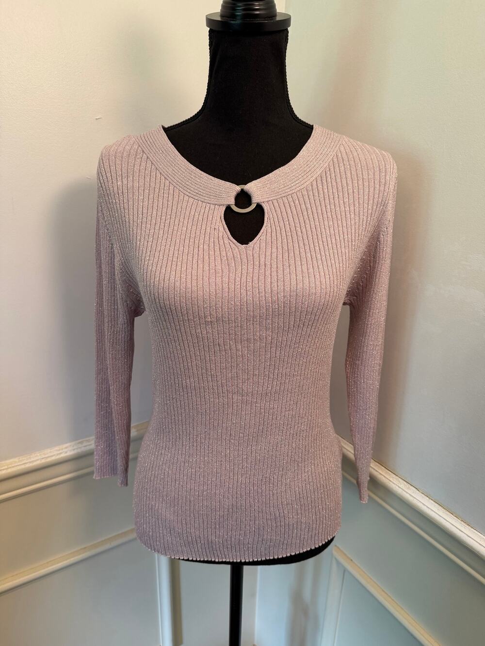 August Silk Knits Metallic Ribbed Keyhole Top Blush Pink Mauve Shimmer Holiday